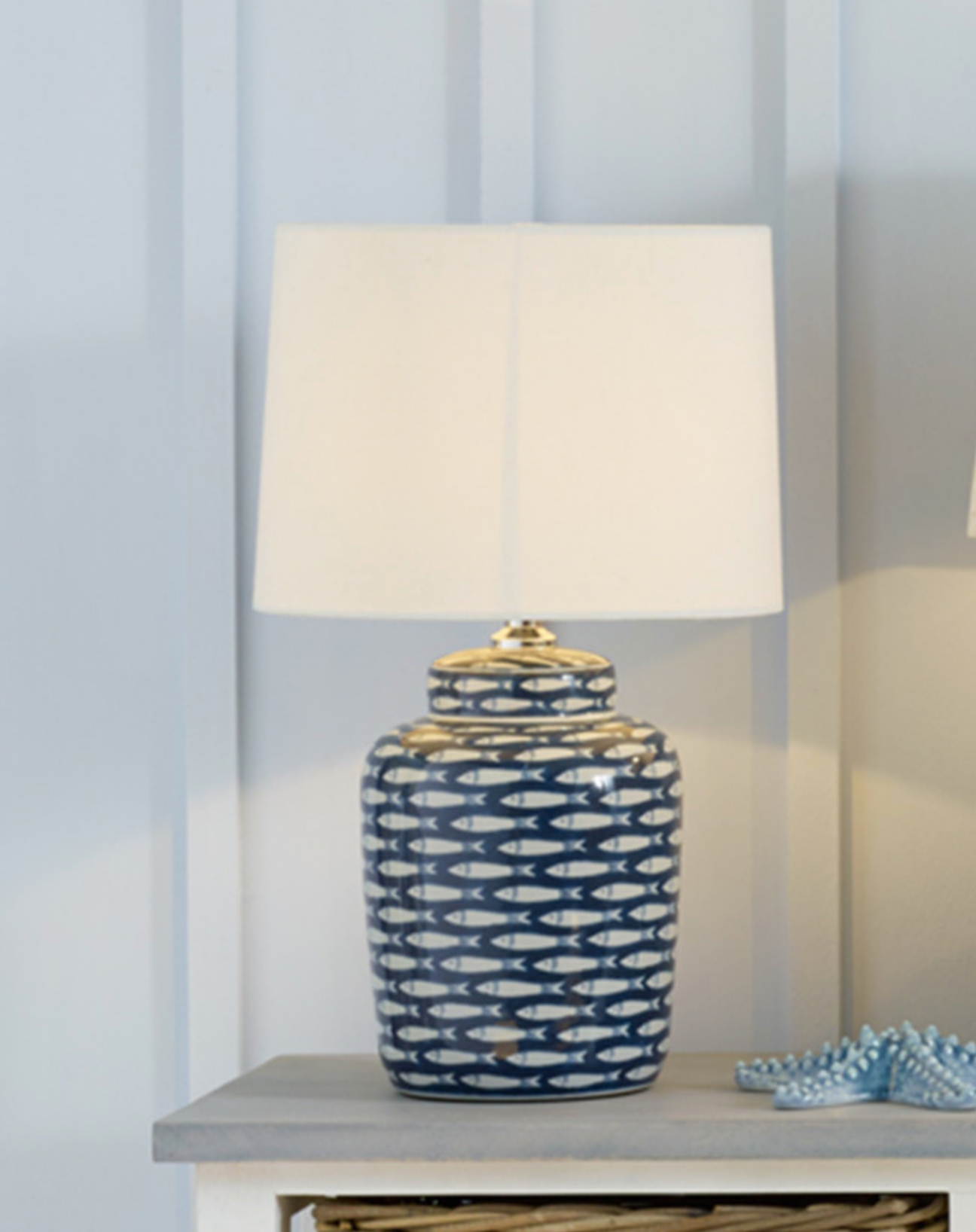 Schoal Blue and White Fish Detail Ceramic Table Lamp