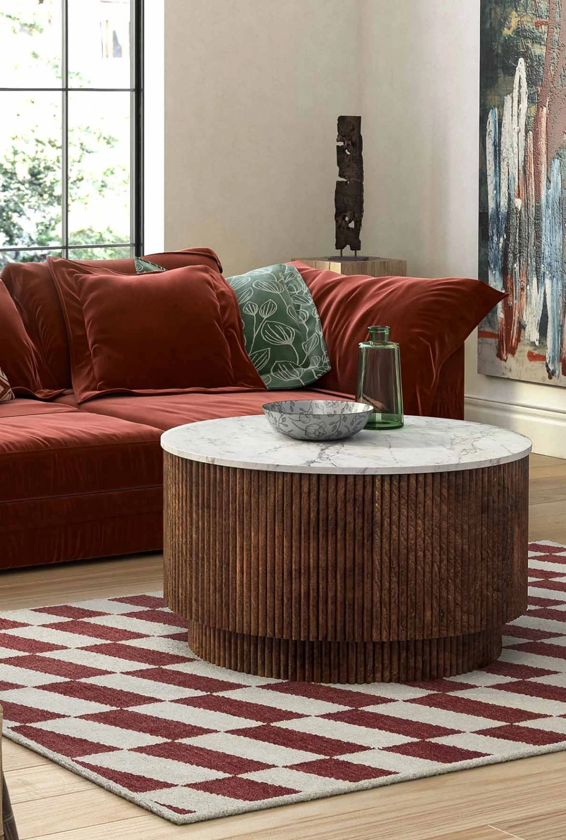 Lucas Mango & Marble Round Fluted Coffee Table