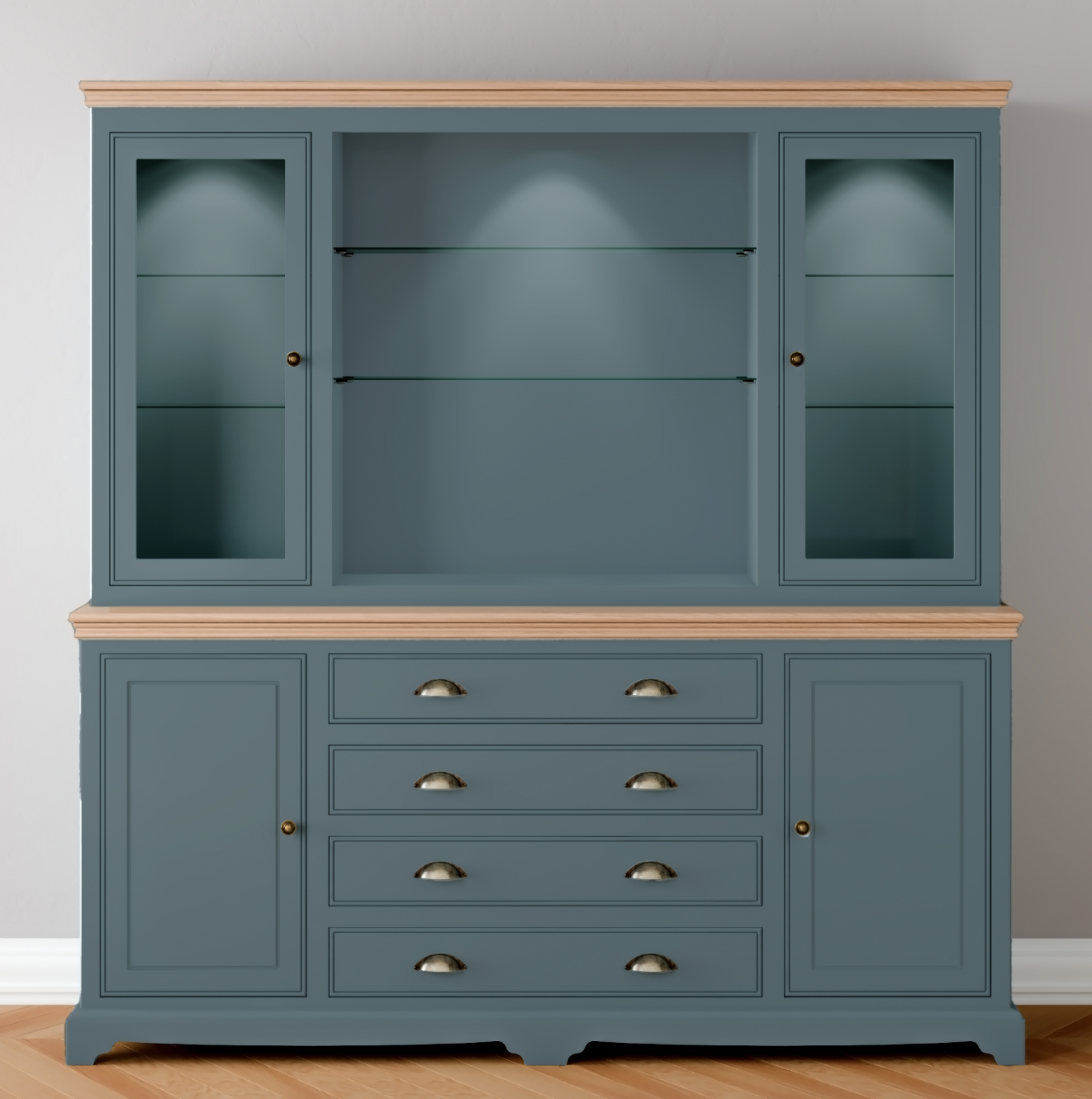 Extra Wide Centre Drawer Glazed door Dresser with light pack