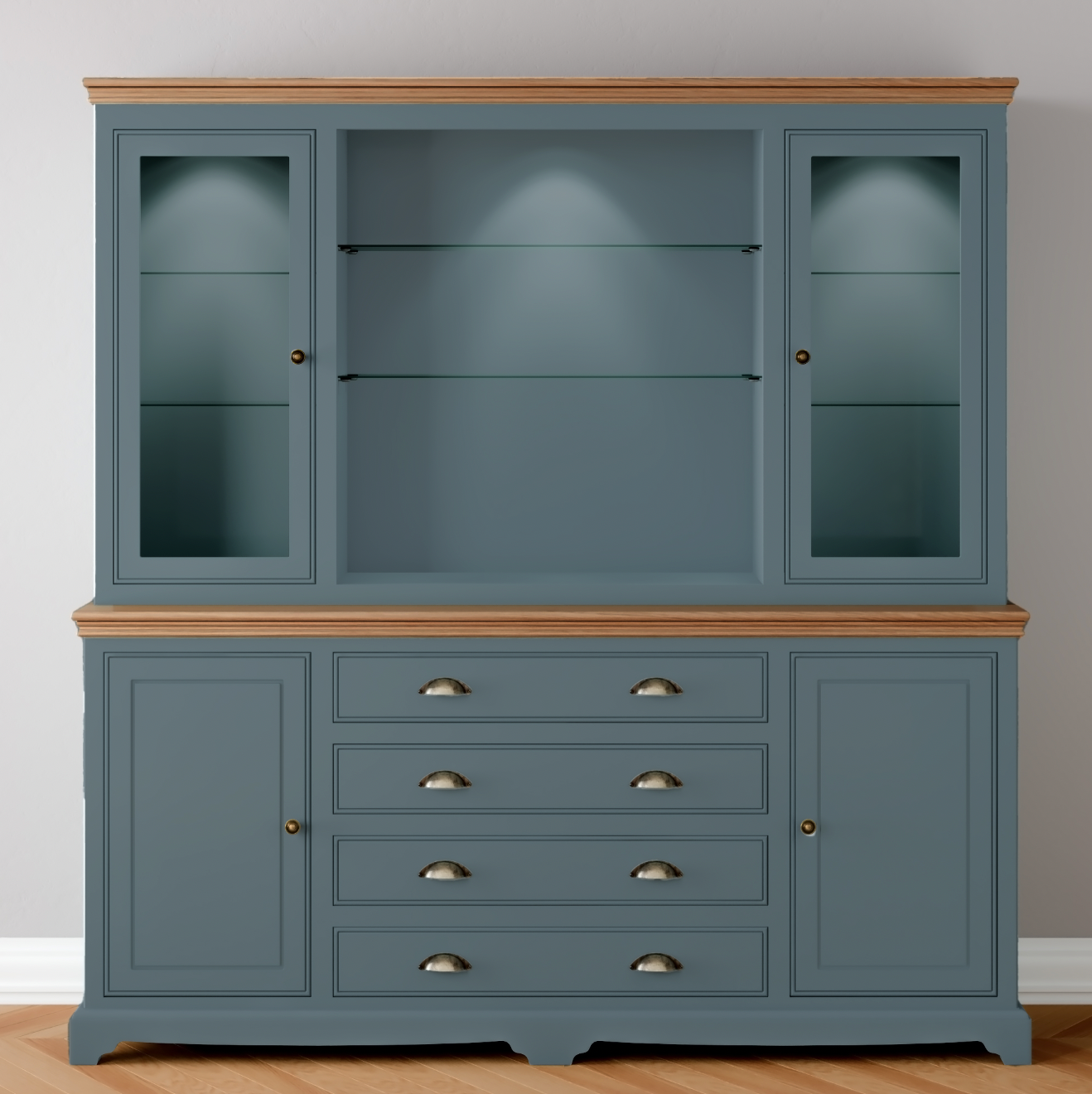 Extra Wide Centre Drawer Glazed door Dresser with light pack