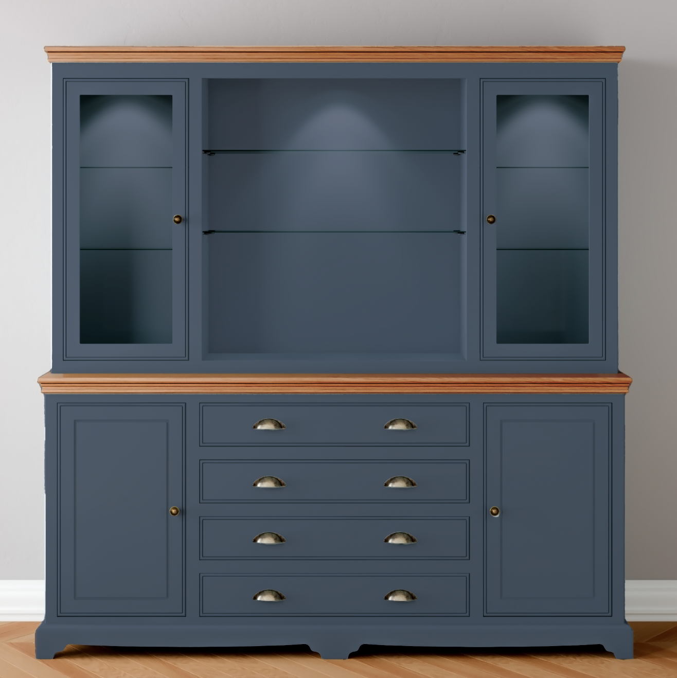 Extra Wide Centre Drawer Glazed door Dresser with light pack