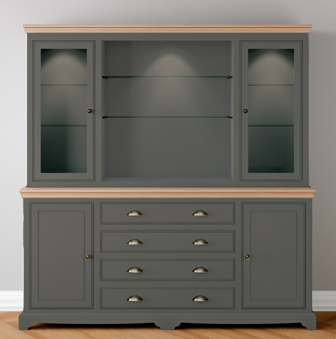 Extra Wide Centre Drawer Glazed door Dresser with light pack