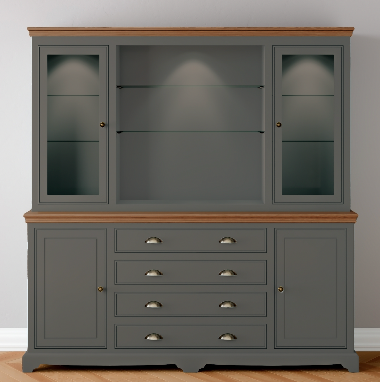 Extra Wide Centre Drawer Glazed door Dresser with light pack