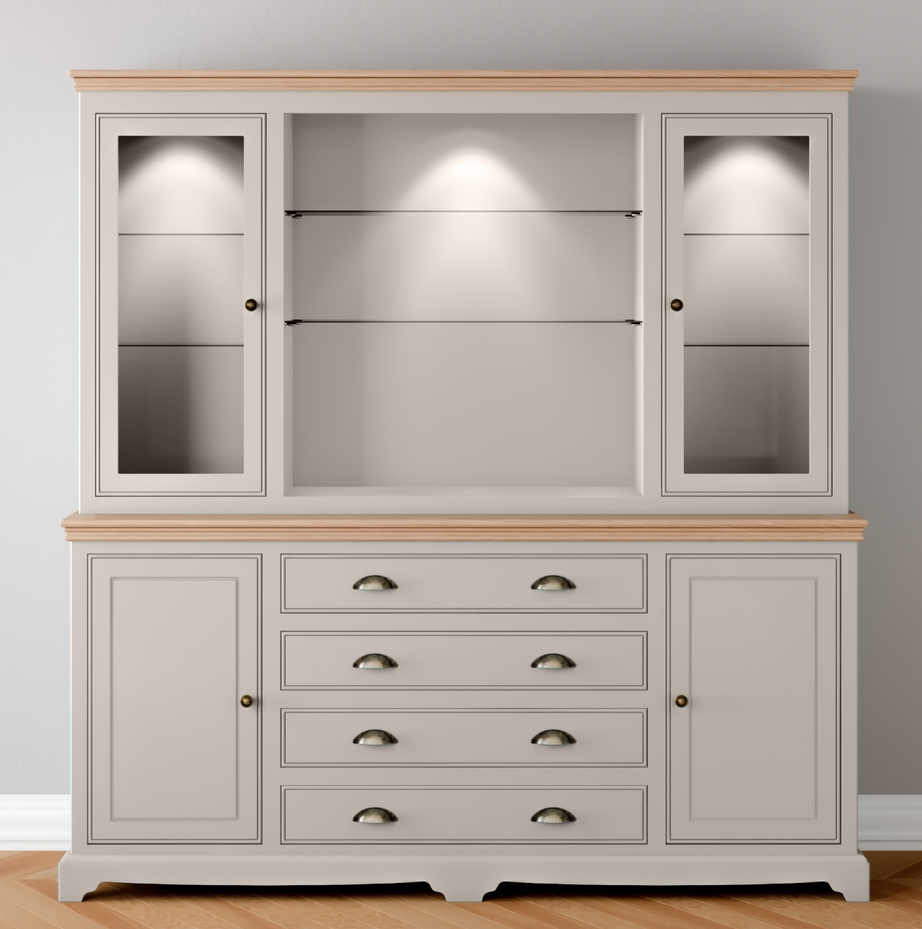 Extra Wide Centre Drawer Glazed door Dresser with light pack