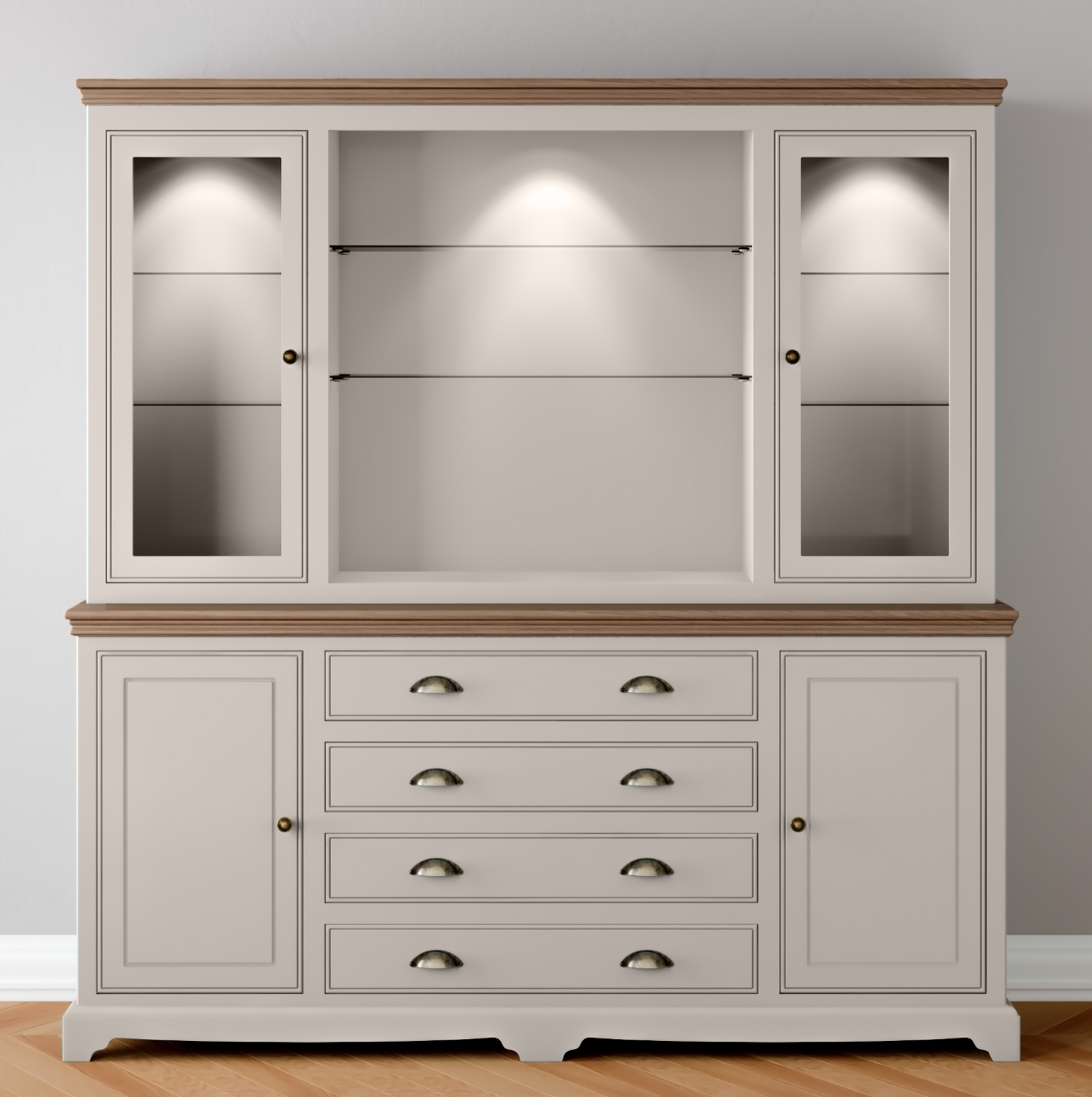 Extra Wide Centre Drawer Glazed door Dresser with light pack