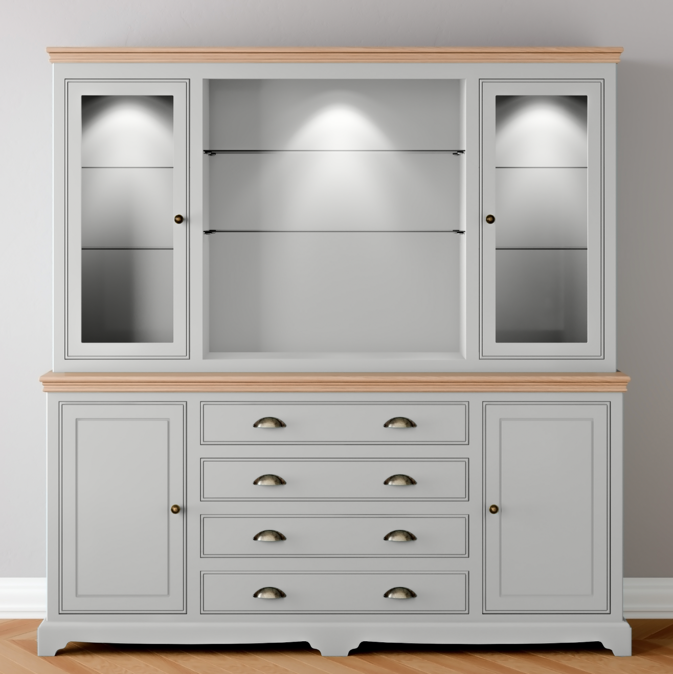 Extra Wide Centre Drawer Glazed door Dresser with light pack
