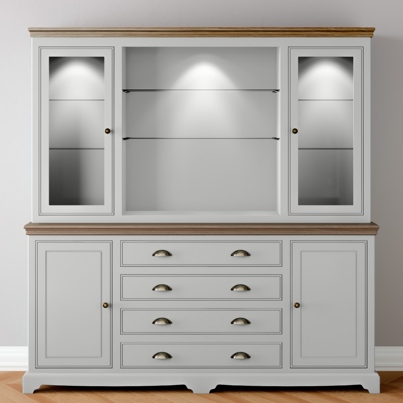 Extra Wide Centre Drawer Glazed door Dresser with light pack