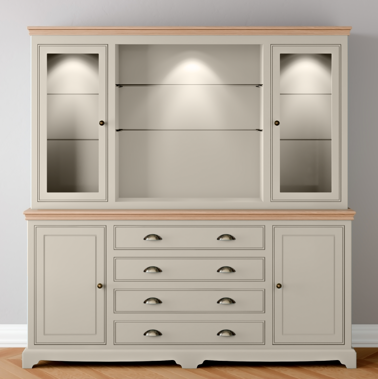 Extra Wide Centre Drawer Glazed door Dresser with light pack